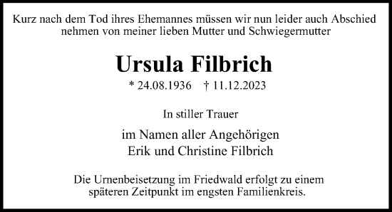 Traueranzeige von Ursula Filbrich  von Berliner Morgenpost